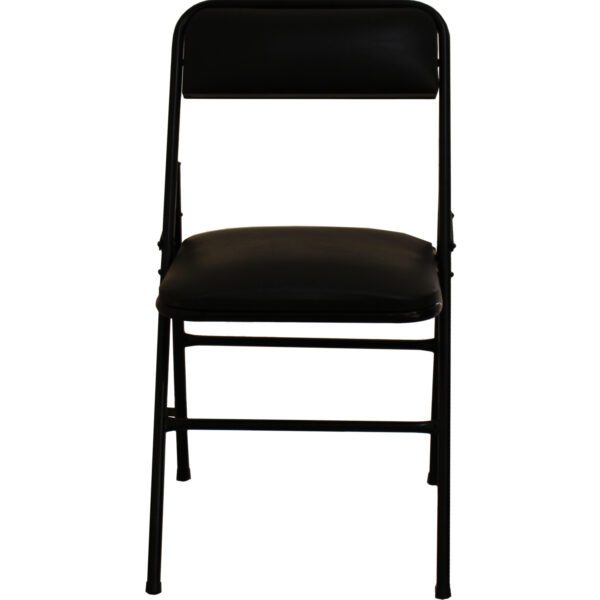 Silla plegable negra con tapizado en ecocuero y estructura metálica