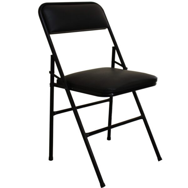 Silla plegable negra con tapizado en ecocuero y estructura metálica