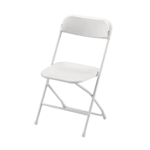 Silla plegable color blanco, estructura de acero y asiento de PVC para eventos