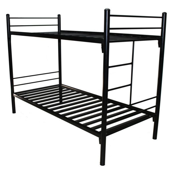 Camarote metálico Nova de 1.5 plazas con escalera lateral fija, en color negro, ideal para dormitorios compartidos.